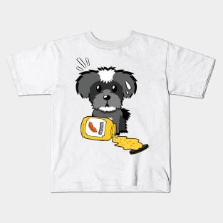 Cute Schnauzer Spilled a jar of mustard sauce Kids T-Shirt